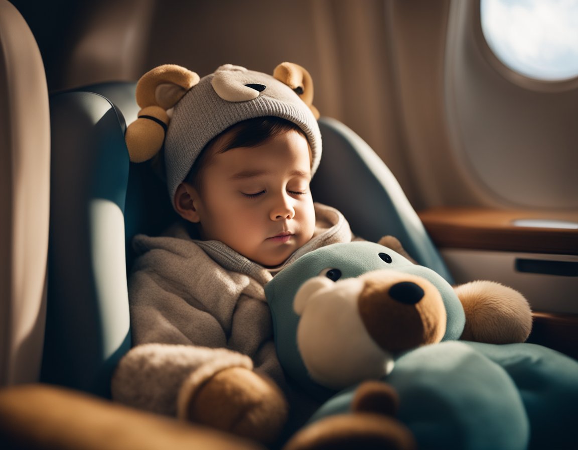 A toddler sleeping peacefully in a cozy airplane seat, surrounded by comforting items like a favorite blanket and stuffed animal, as the soft glow of the cabin lights creates a calming atmosphere
