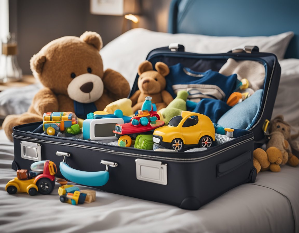 A toddler's suitcase sits open on a bed, filled with toys and comfort items. A clock on the wall shows the time in two different time zones. A parent is packing snacks and a tablet for entertainment