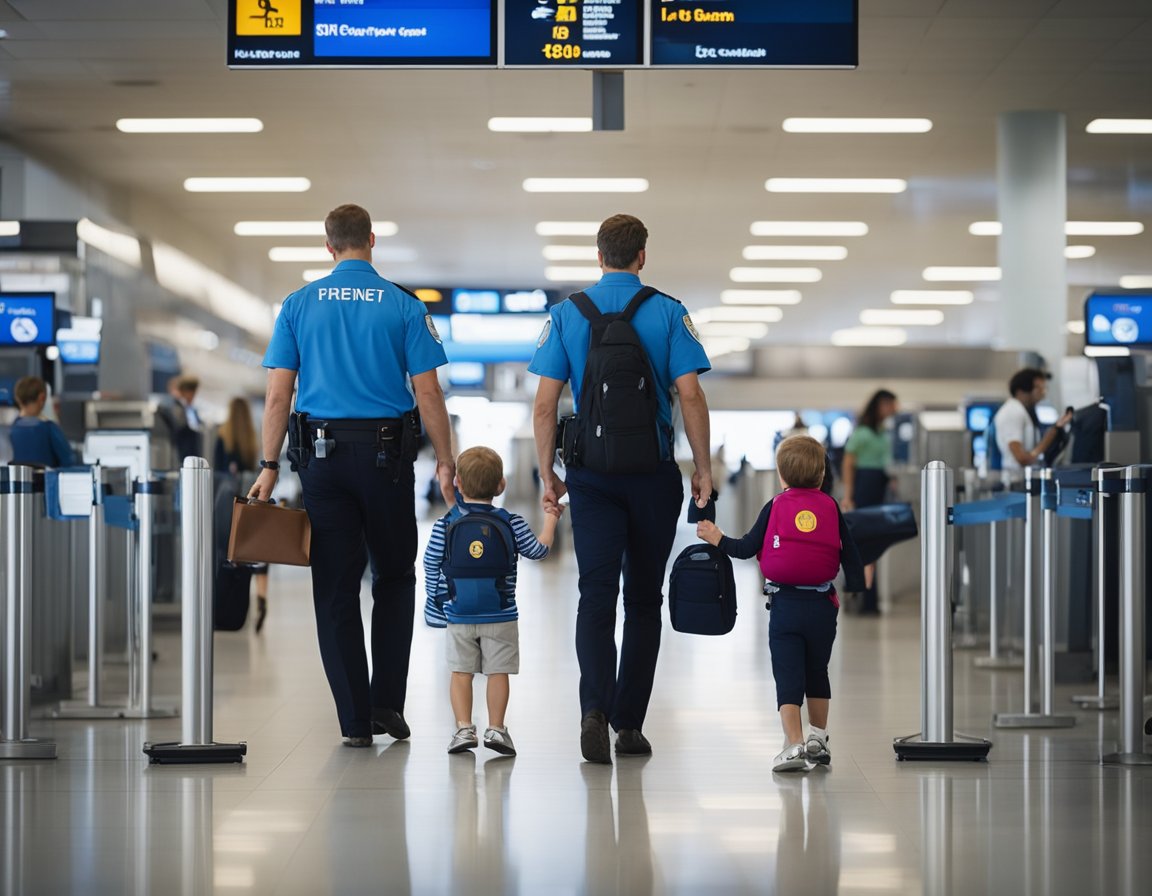 A parent calmly guides two toddlers through airport security, while a TSA agent smiles and assists with strollers and carry-on items