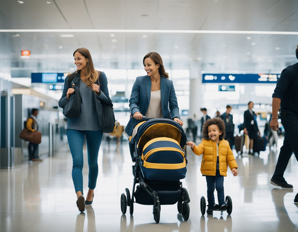 A family navigates airport security with ease, strollers and carry-on bags in tow. Toddlers playfully explore the area as parents calmly guide them through the process