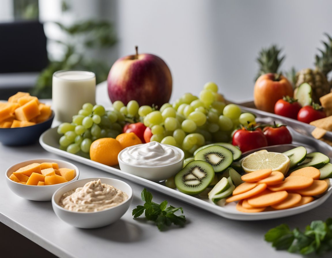 A variety of colorful fruits and vegetables arranged on a tray, with small containers of yogurt and hummus, and a stack of whole grain crackers