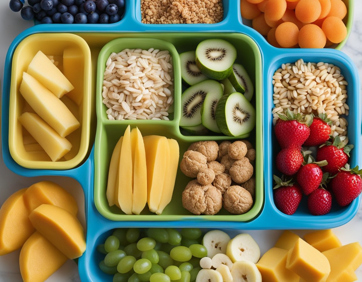 A variety of healthy toddler snacks laid out on a colorful, child-friendly tray. Small portions of fruits, vegetables, and whole grains are neatly organized for easy access during travel