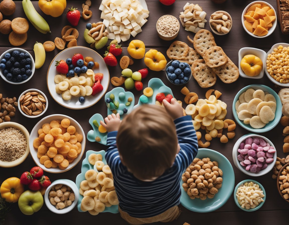 A toddler reaching for a colorful array of homemade and store-bought healthy snacks laid out on a table, ready for travel