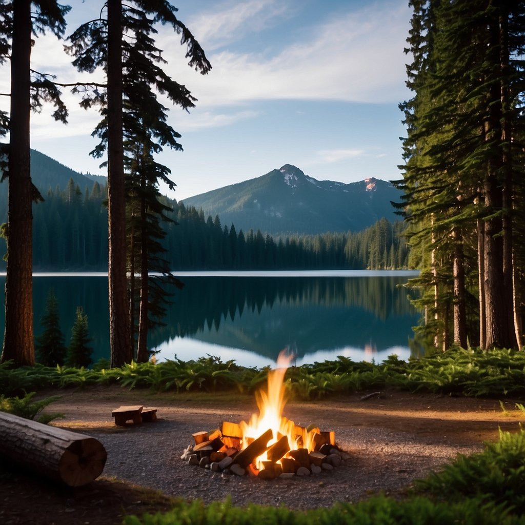 Tall evergreen trees surround a campsite with a crackling fire, overlooking a serene lake and snow-capped mountains in Olympic National Park