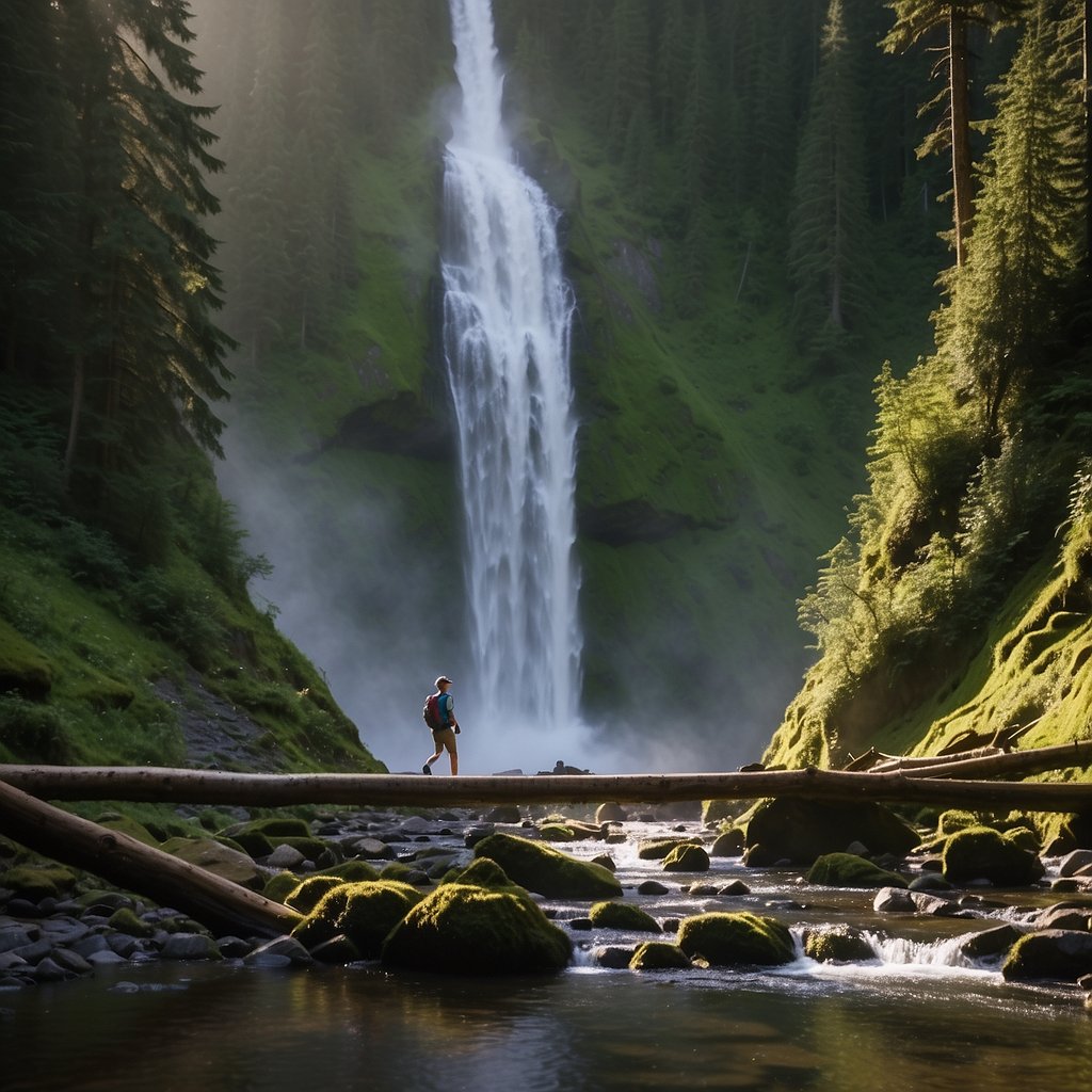 Hikers trek through lush forests, passing by cascading waterfalls and serene lakes, while wildlife roams freely in Olympic National Park