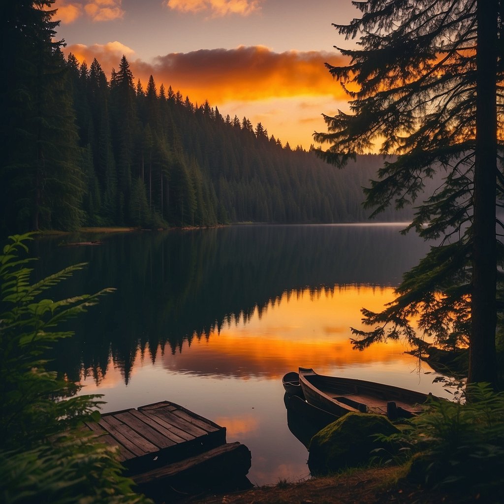 Sunset over lush forest and serene lake at Olympic National Park camping site
