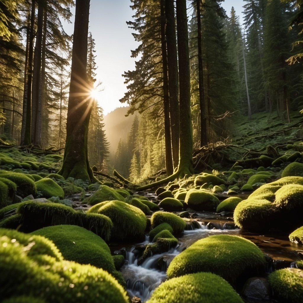 Sunlight filters through lush green forest, illuminating moss-covered trees and trickling streams. Snow-capped mountains loom in the distance, as wildlife scampers through the underbrush