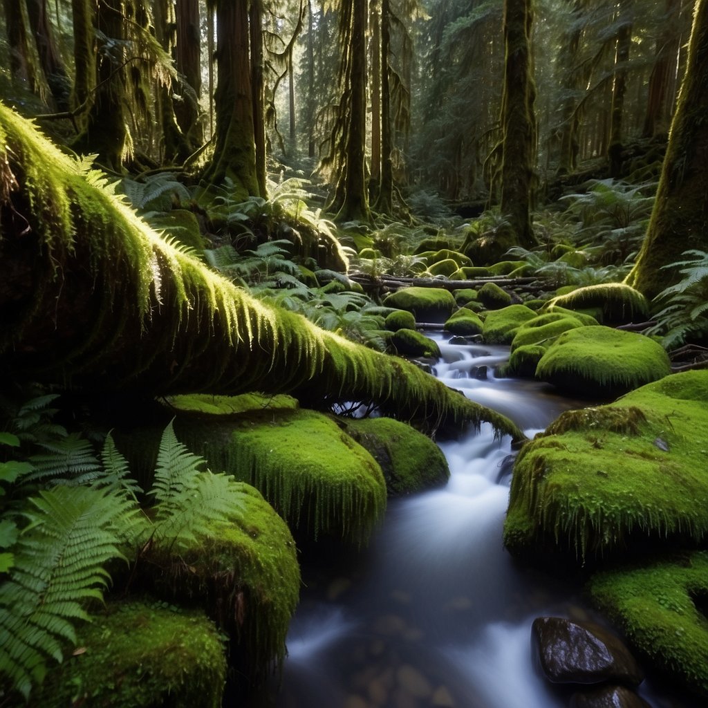 Sunlight filters through dense canopy onto moss-covered trees and ferns in Olympic National Park rainforest. A small stream glistens in the dappled light