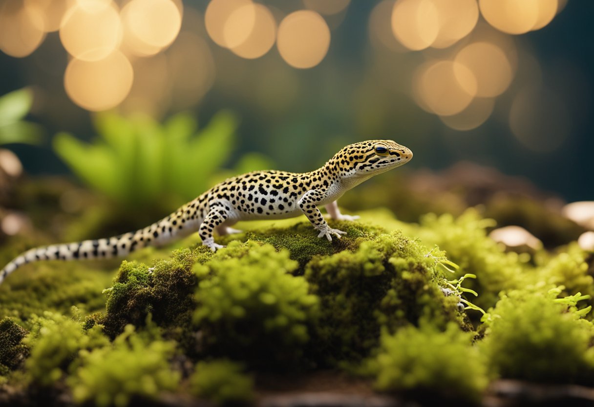 A leopard gecko explores various types of moss in its terrarium, including sphagnum and sheet moss, while a guidebook lays open nearby