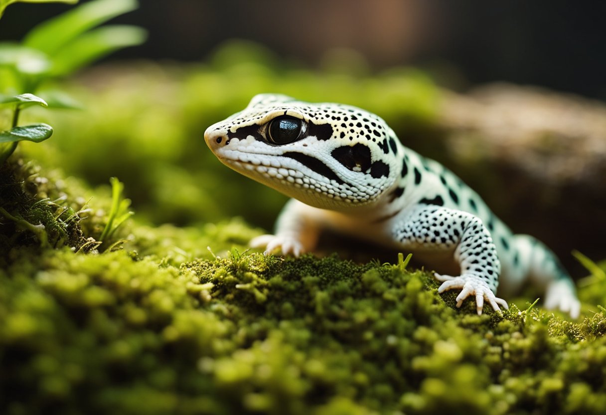 A leopard gecko rests on soft, green moss in a cozy enclosure, basking under a warm light. The moss provides moisture and comfort for the gecko, creating a natural and beneficial environment