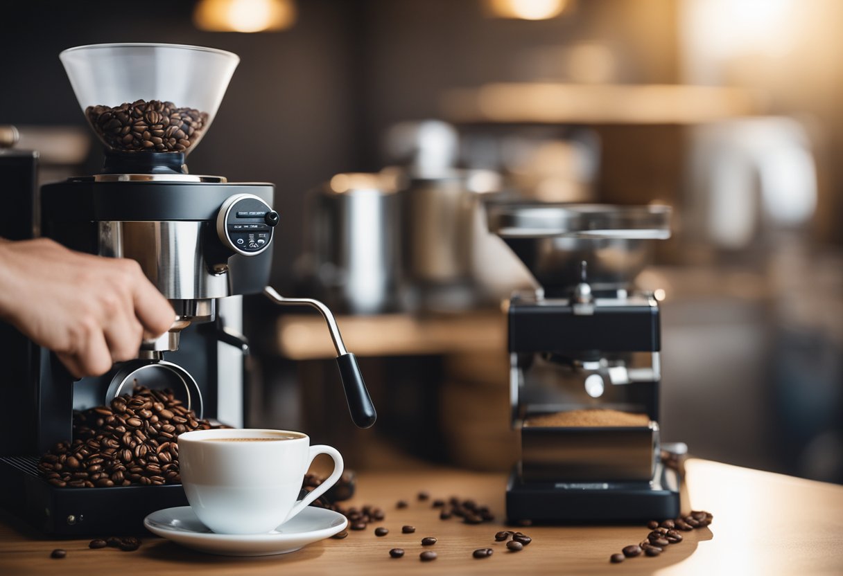 A hand reaches for a bag of coffee beans, a grinder sits on the counter, and a steaming cup of coffee waits nearby