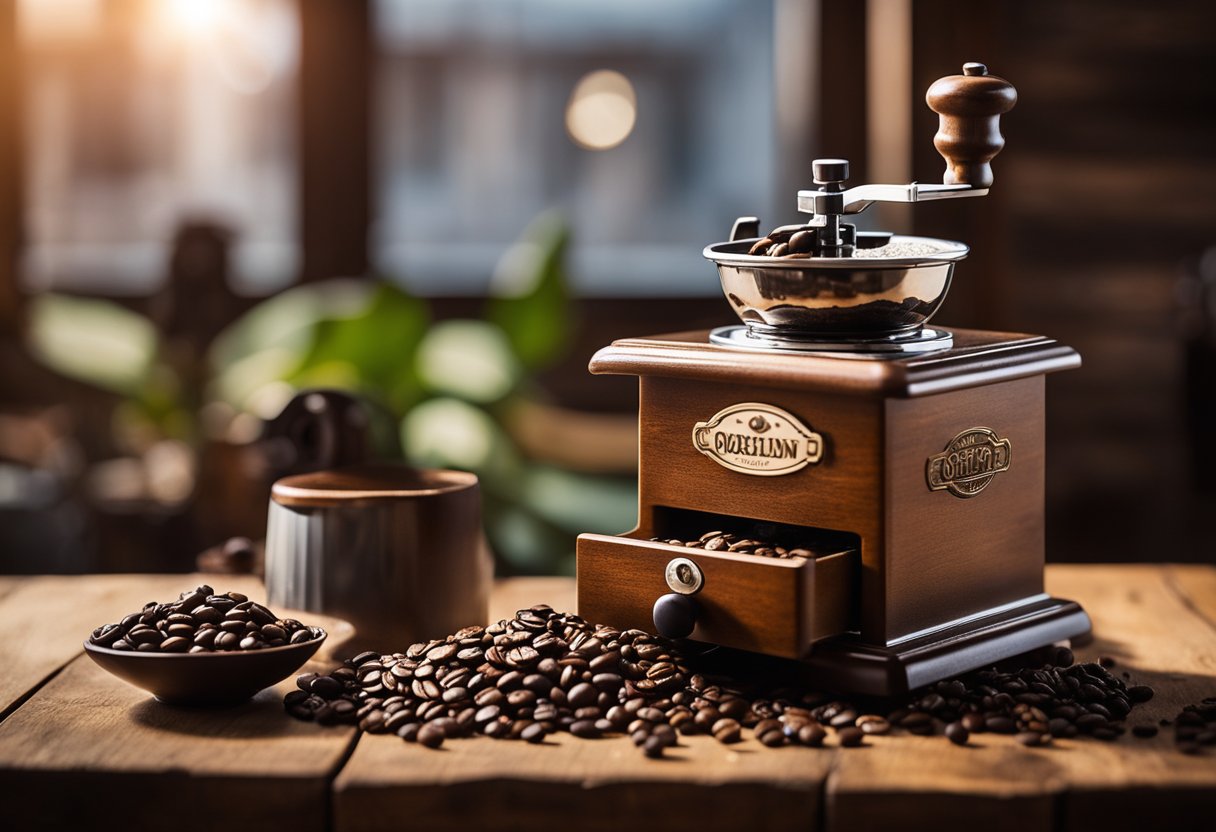 A hand-operated coffee grinder sits on a rustic wooden table, surrounded by various types of coffee beans and a selection of different grind sizes. The morning sunlight streams in through a nearby window, casting a warm glow over the scene