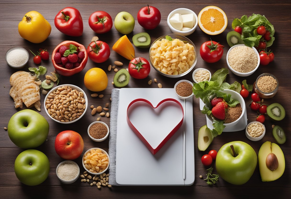 A man's midsection with a red heart symbol over it, surrounded by measuring tape and healthy food items