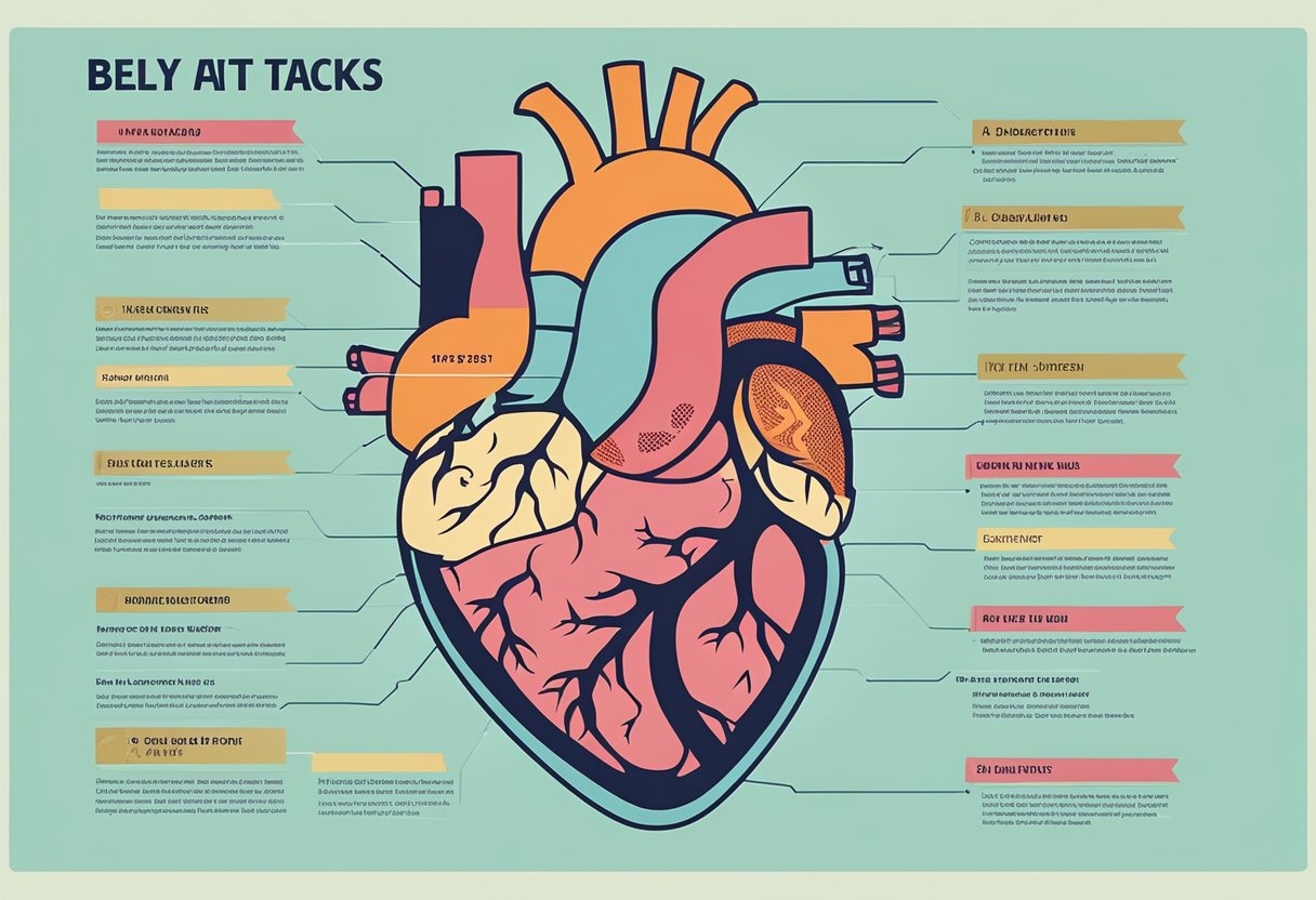A diagram showing belly fat surrounding the heart, with a caption explaining the link to heart attacks in men aged 35-69