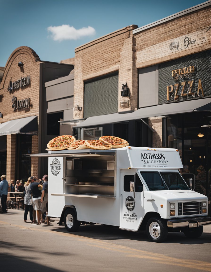 The Artisan Oven Pizza Food Truck  surrounded by eager customers. The aroma of freshly baked pizza fills the air as the chef prepares mouthwatering pies in the open kitchen