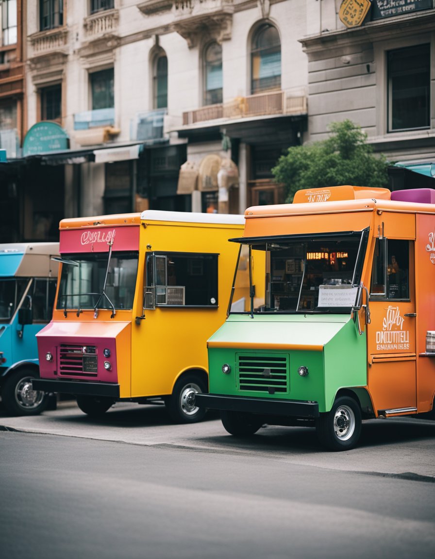 A row of colorful food trucks parked in a bustling area, with vibrant signage and enticing aromas wafting from the open windows