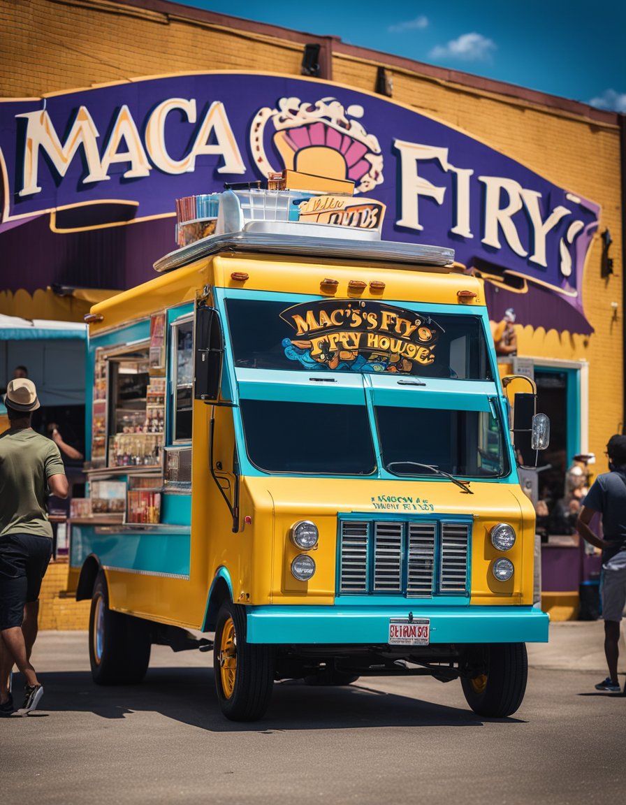  "Mac's Fry House" stands out among other unique food trucks in Waco. The truck is adorned with vibrant graphics and is surrounded by a bustling crowd of hungry customers
