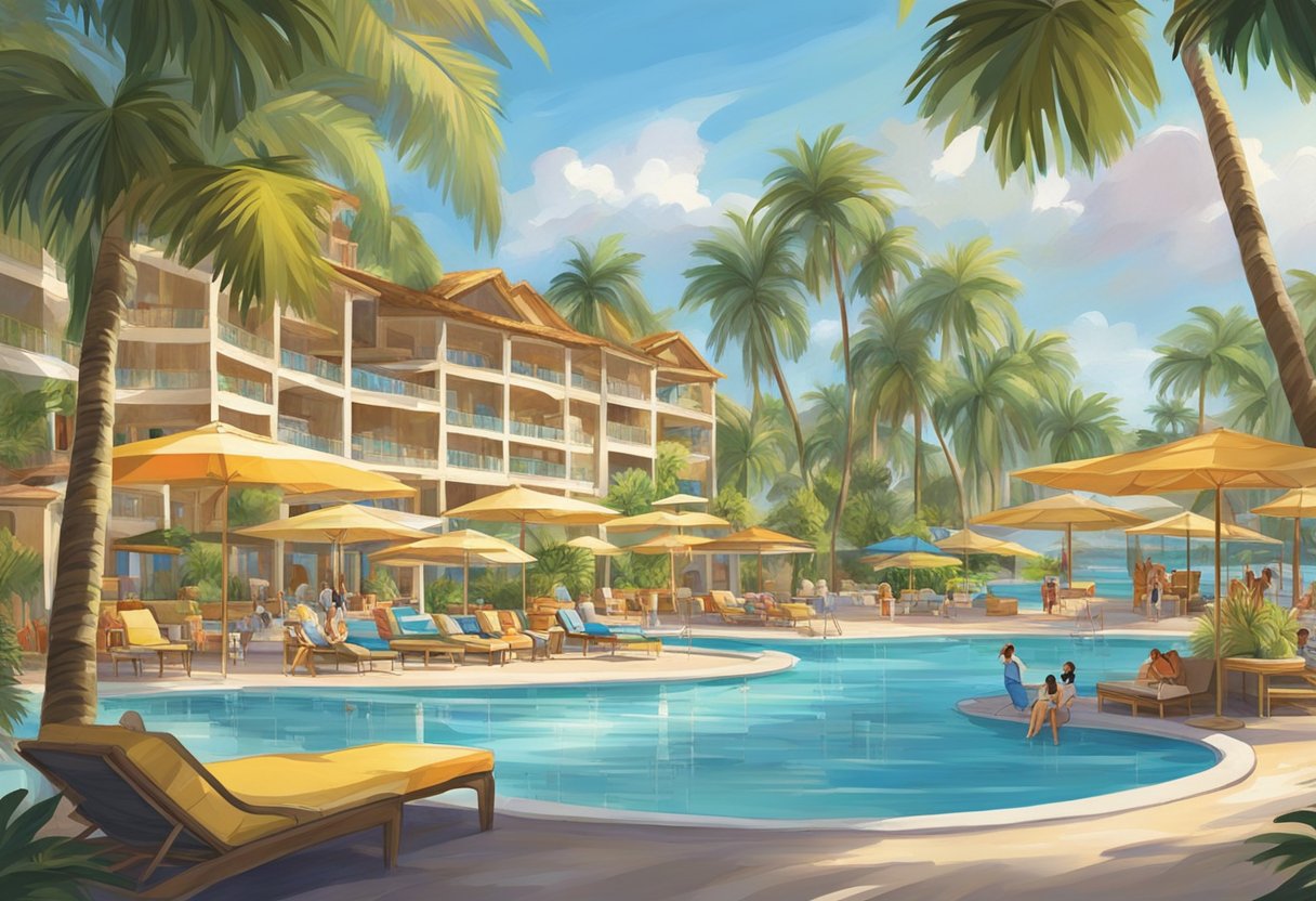Sunshine illuminates a luxurious resort pool, surrounded by palm trees and colorful umbrellas. Families enjoy water activities, while others relax in lounge chairs. A beachfront bar serves refreshing drinks