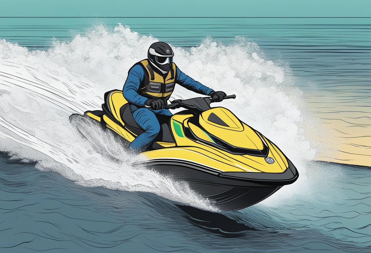 A person operating a boat or jet ski after drinking alcohol. Legal consequences are depicted in the scene