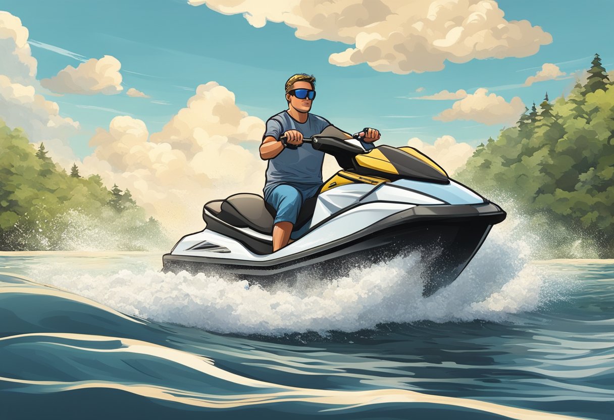 A person steering a boat or jet ski with a drink in hand, depicting the consequences of drinking and operating watercraft