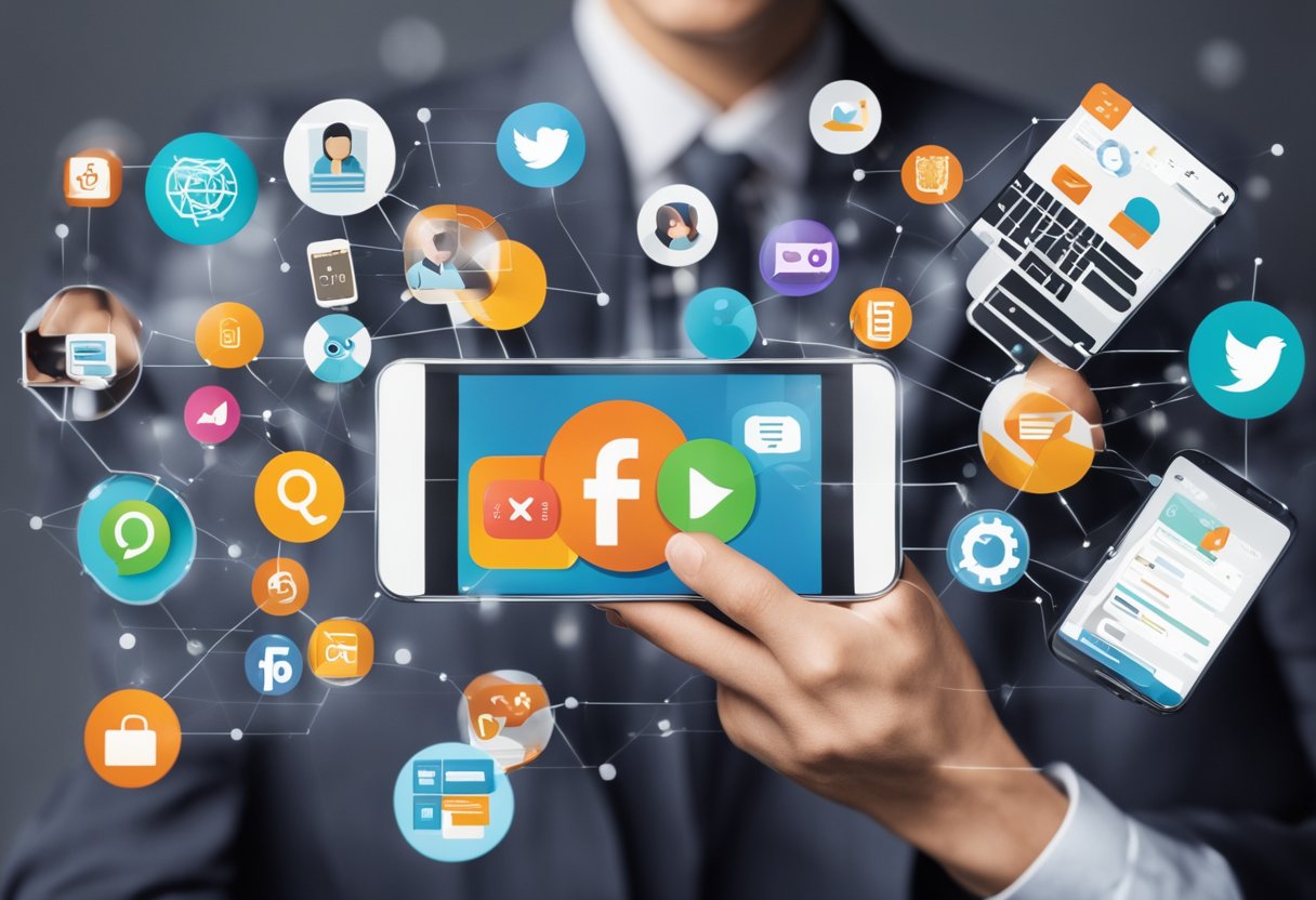 A social media influencer holding a smartphone, surrounded by various marketing tools and strategies, such as hashtags, analytics, and collaboration ideas