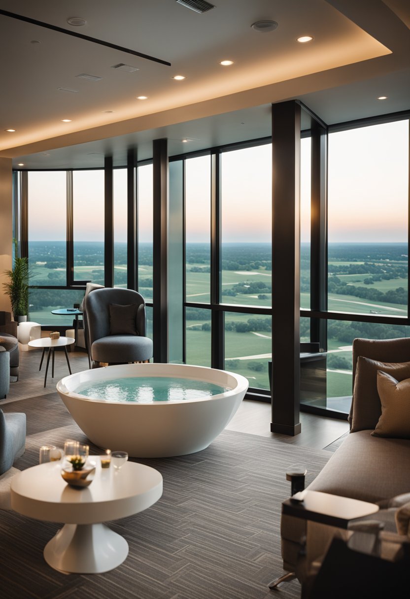 The scene depicts a luxurious hotel suite with a cozy jacuzzi, modern furnishings, and a scenic view of Waco, Texas