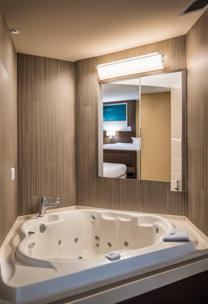 The cozy Jacuzzi suite at La Quinta Inn & Suites by Wyndham Waco Downtown features a spacious room with a luxurious jacuzzi tub, elegant furnishings, and a warm, inviting ambiance