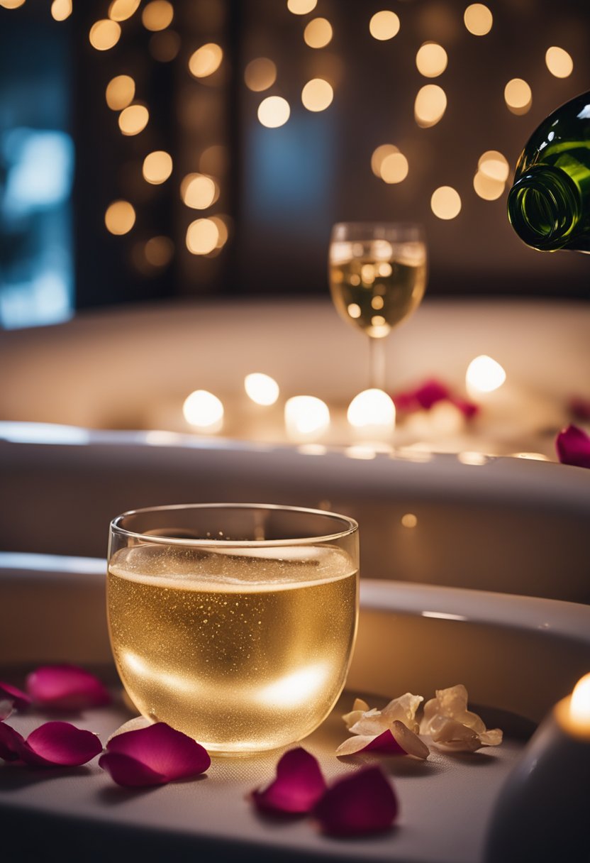 A luxurious jacuzzi suite with dim lighting, rose petals scattered on the bed, and a bottle of champagne on ice