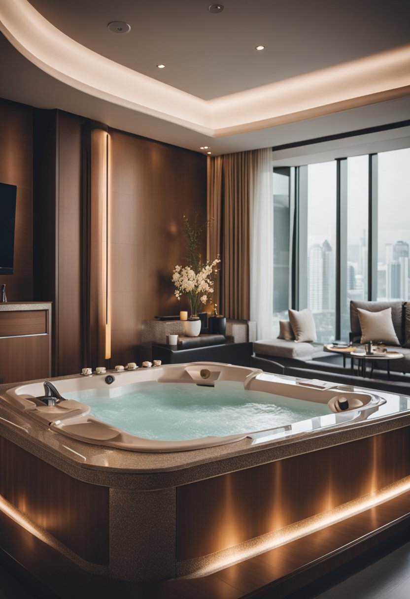 A luxurious hotel room with a spacious jacuzzi, elegant decor, and cozy ambiance