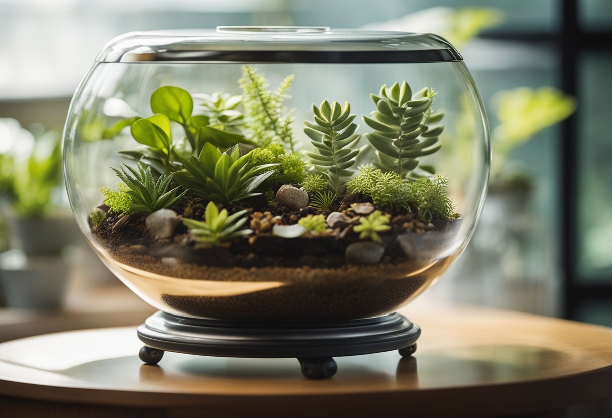 A terrarium with a heat lamp, hiding spots, and climbing branches. Water dish, substrate, and fake plants for natural feel. Temperature and humidity gauges for monitoring