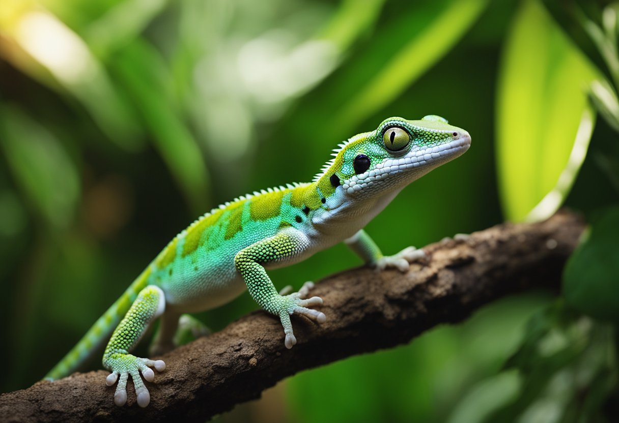 A gecko is perched on a branch in a lush, tropical habitat. A small dish of water and a variety of insects are scattered around for feeding. Heat lamps and UVB lighting provide the necessary warmth and light for the gecko's well