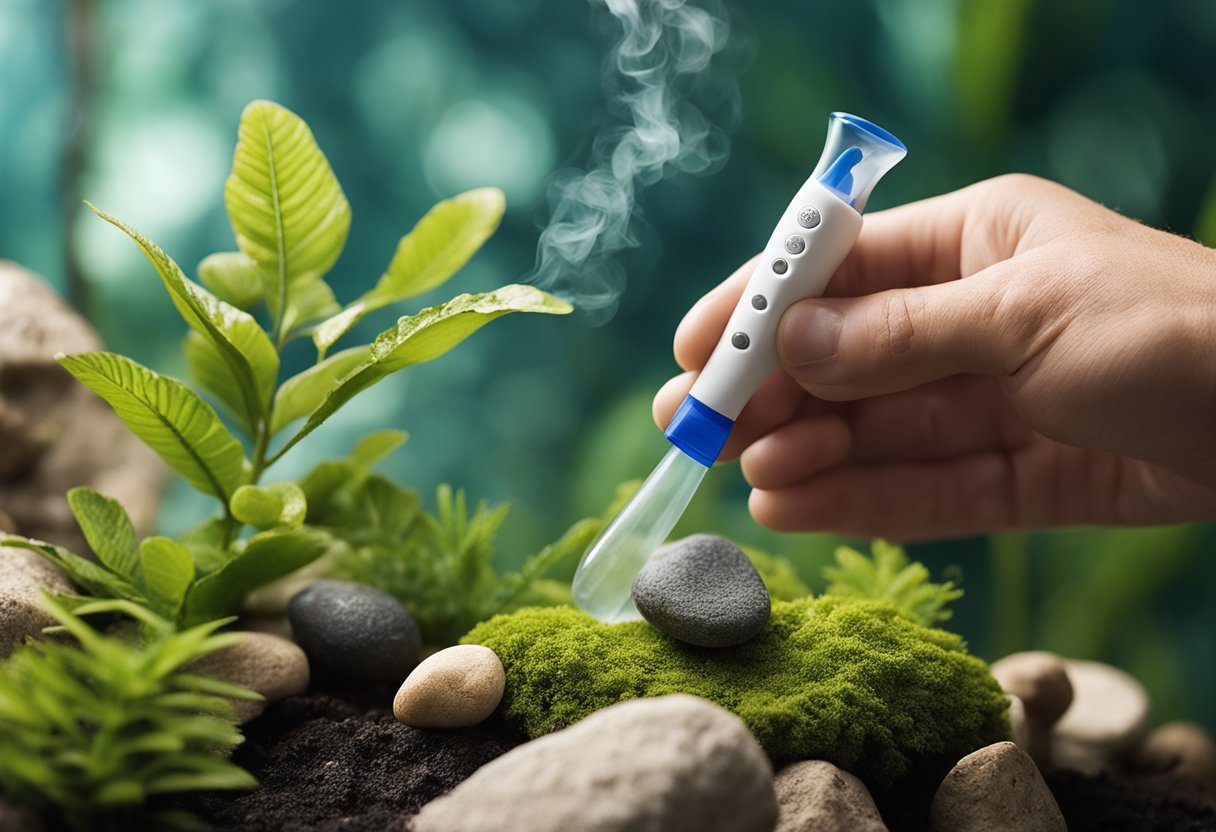 A hand holding a small brush sweeps away debris from a gecko habitat. A spray bottle mists the plants. A thermometer and hygrometer monitor the temperature and humidity. Decorative rocks and branches create a natural environment