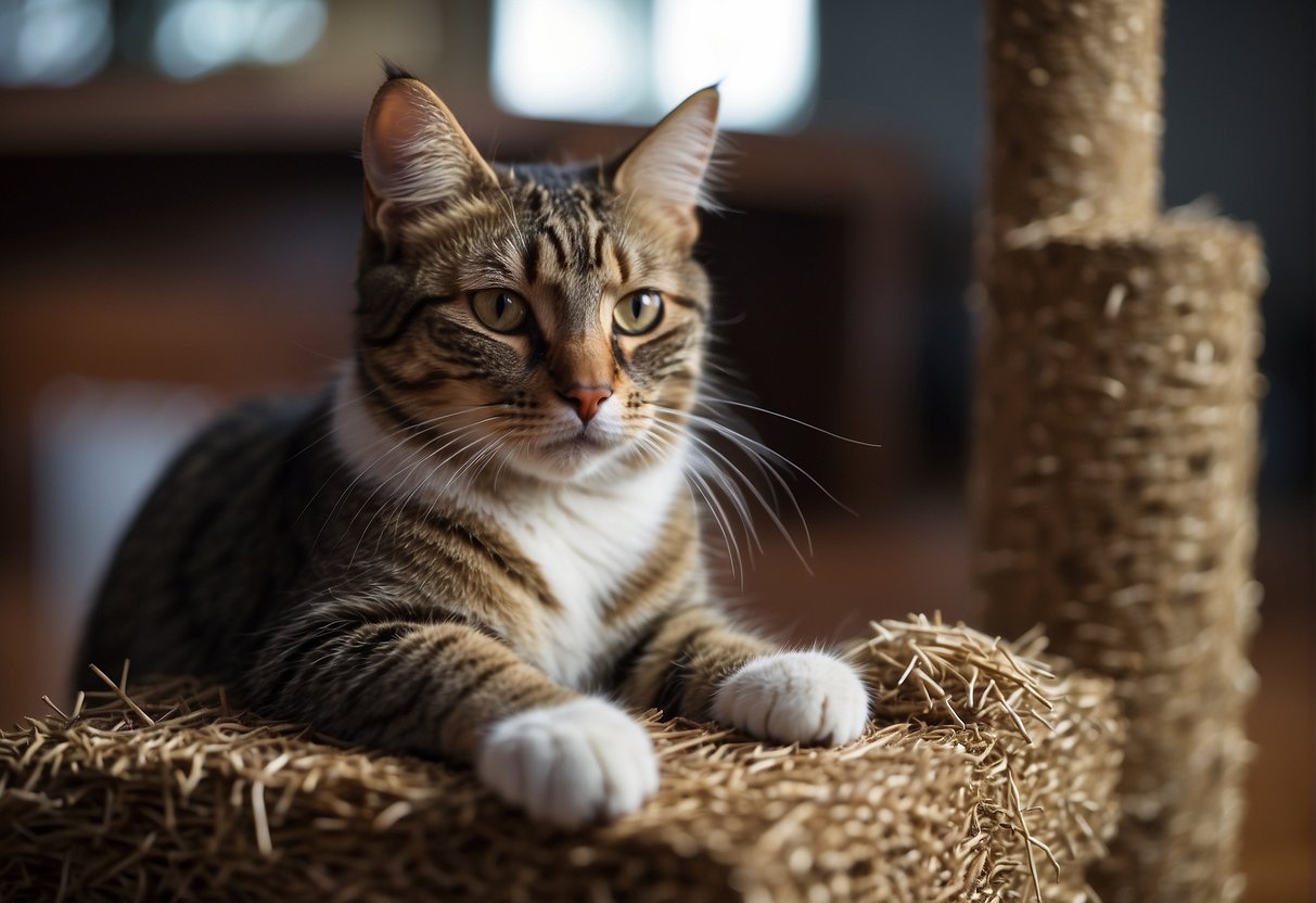 A cat sits on a scratching post, extending its paw to trim its own nails. A pile of discarded nail sheaths lies nearby