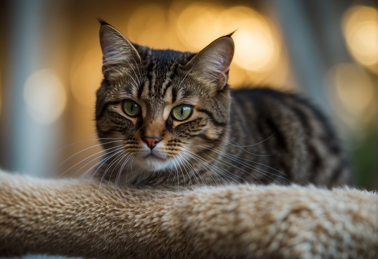 A cat sits on a scratching post, extending its claws. The anatomy of the claws is visible, showing the need for regular trimming