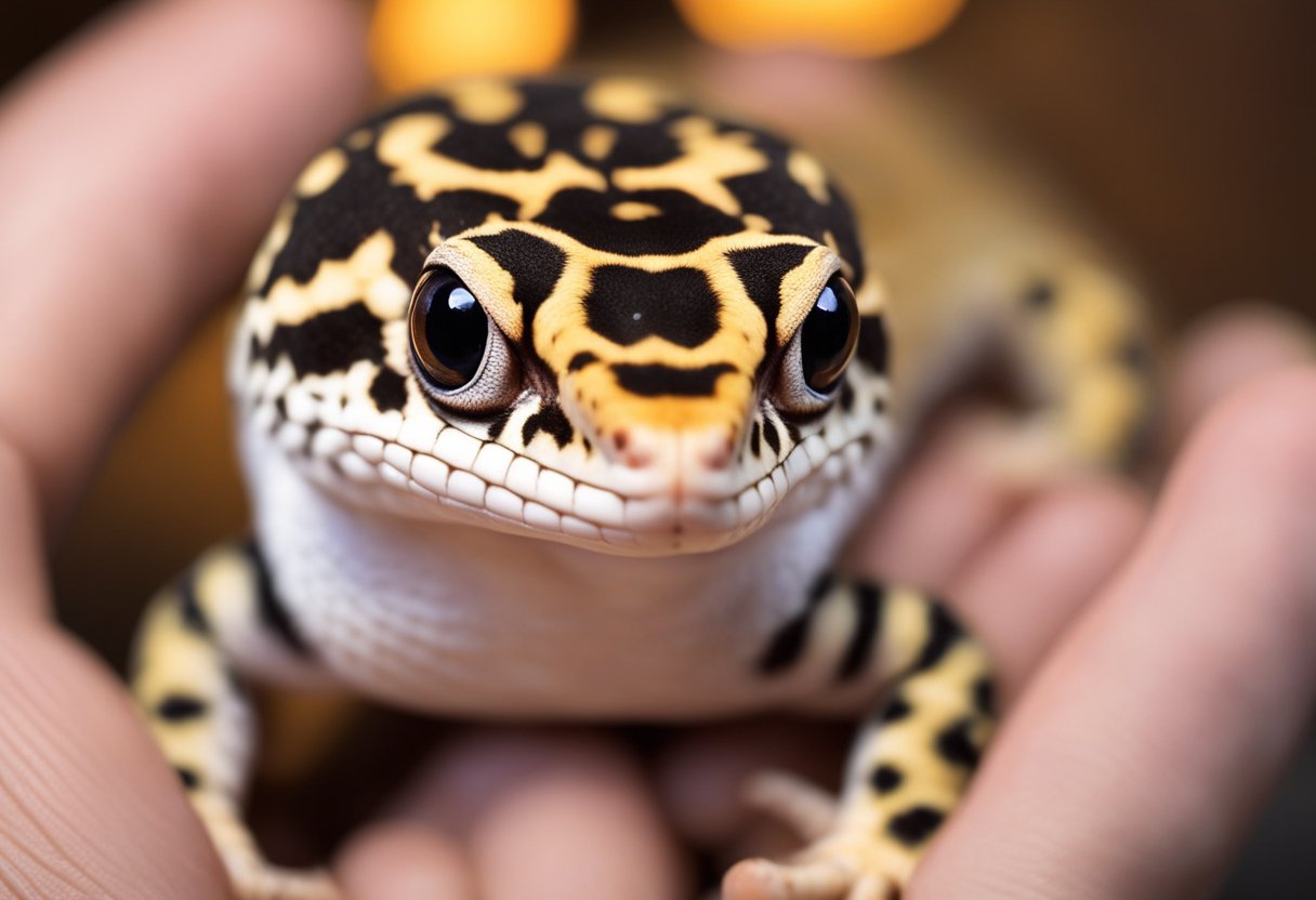 Leopard geckos being gently held and supported with flat palms. A heat lamp provides warmth, while a shallow dish of water and hiding spots are visible in the background