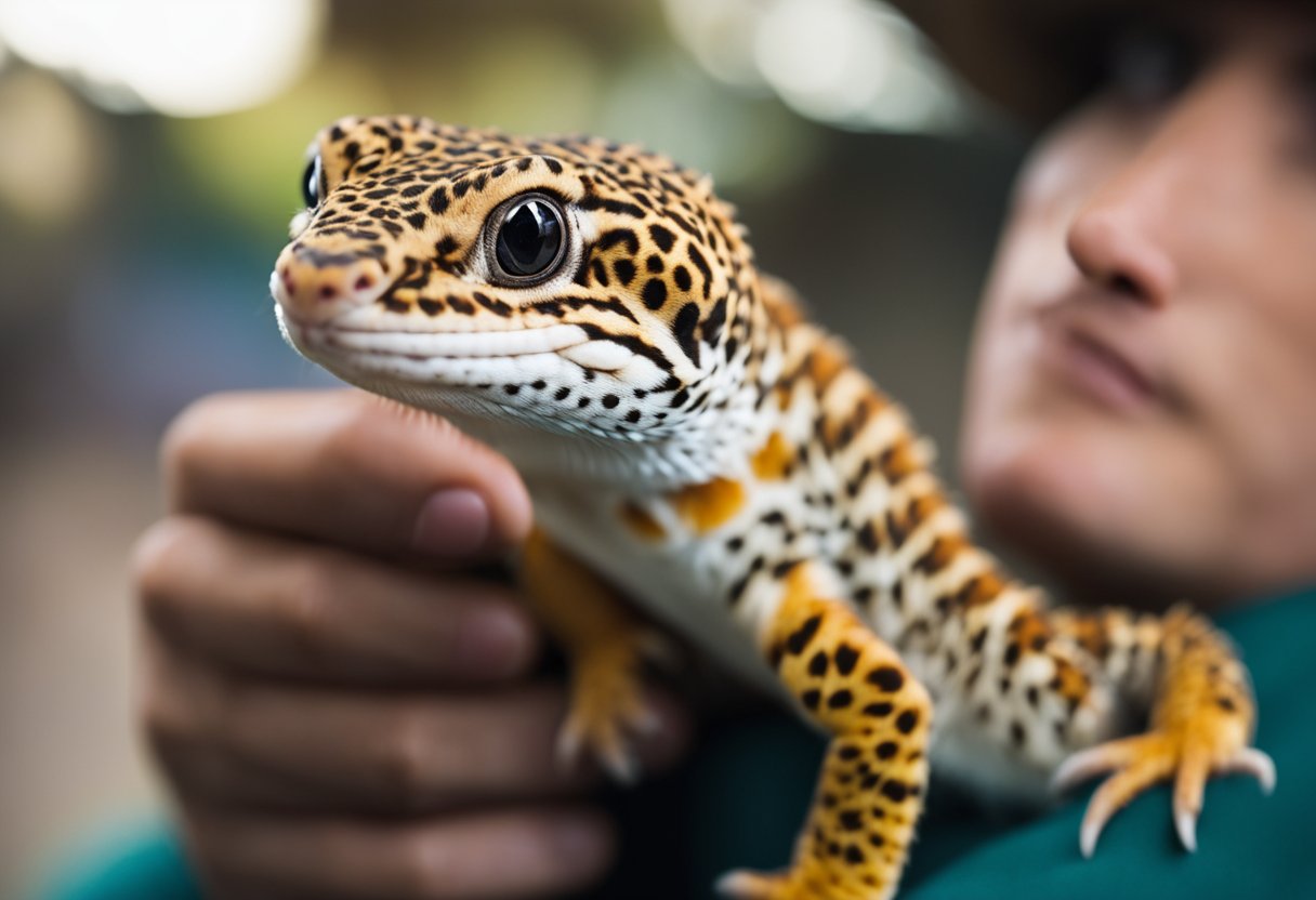 A leopard gecko being gently held and supported, with a calm and confident handler providing a secure and comfortable environment
