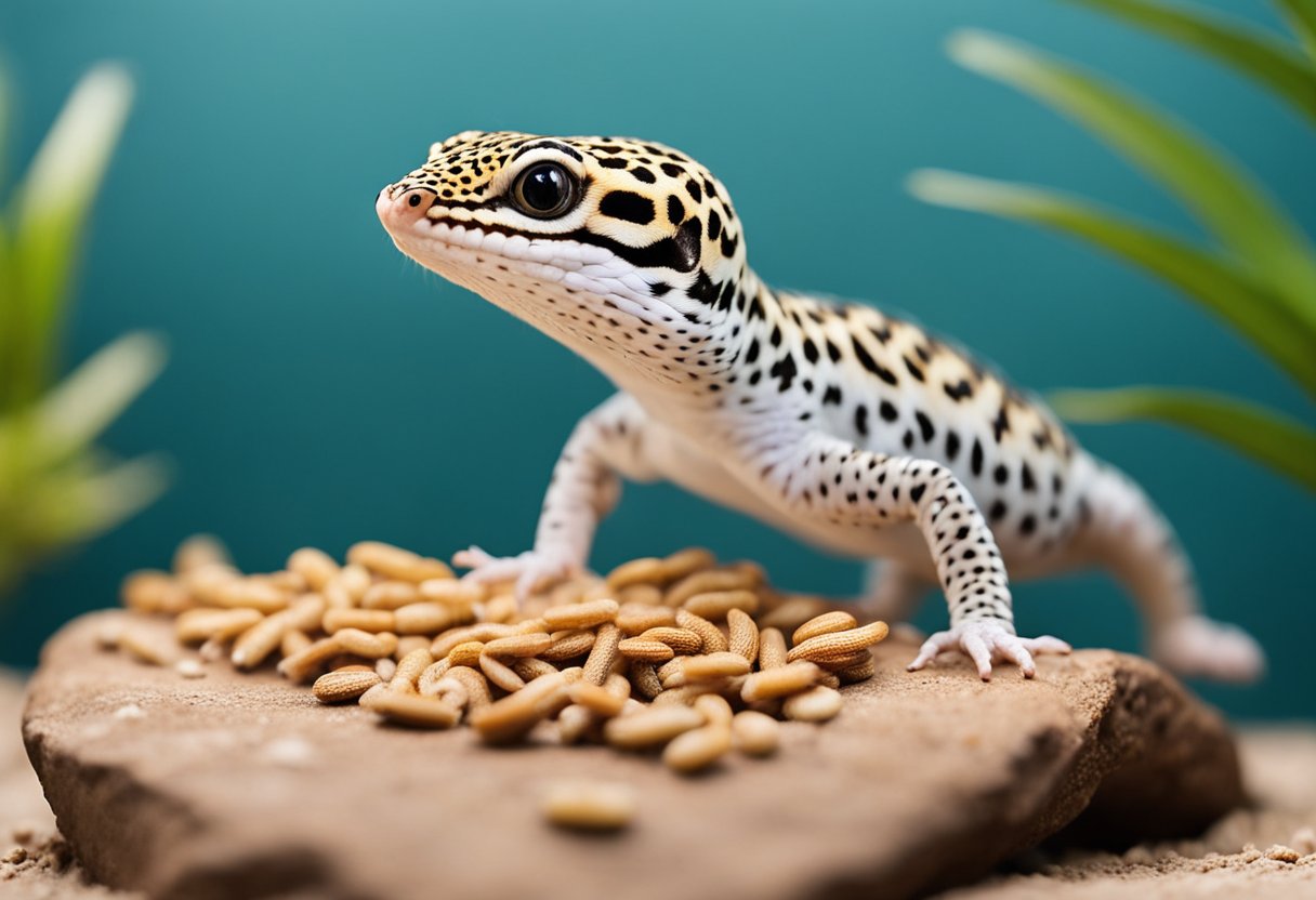 A leopard gecko sits calmly on a flat surface, its body relaxed and tail raised. A gentle hand approaches, offering a mealworm. The gecko eagerly takes the treat, showing trust in its handler