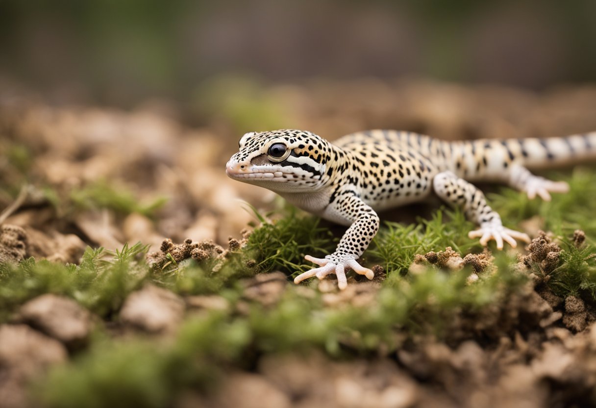 A leopard gecko is gently held with flat palms, avoiding sudden movements. It is placed in a secure, temperature-controlled enclosure with proper substrate and hiding spots