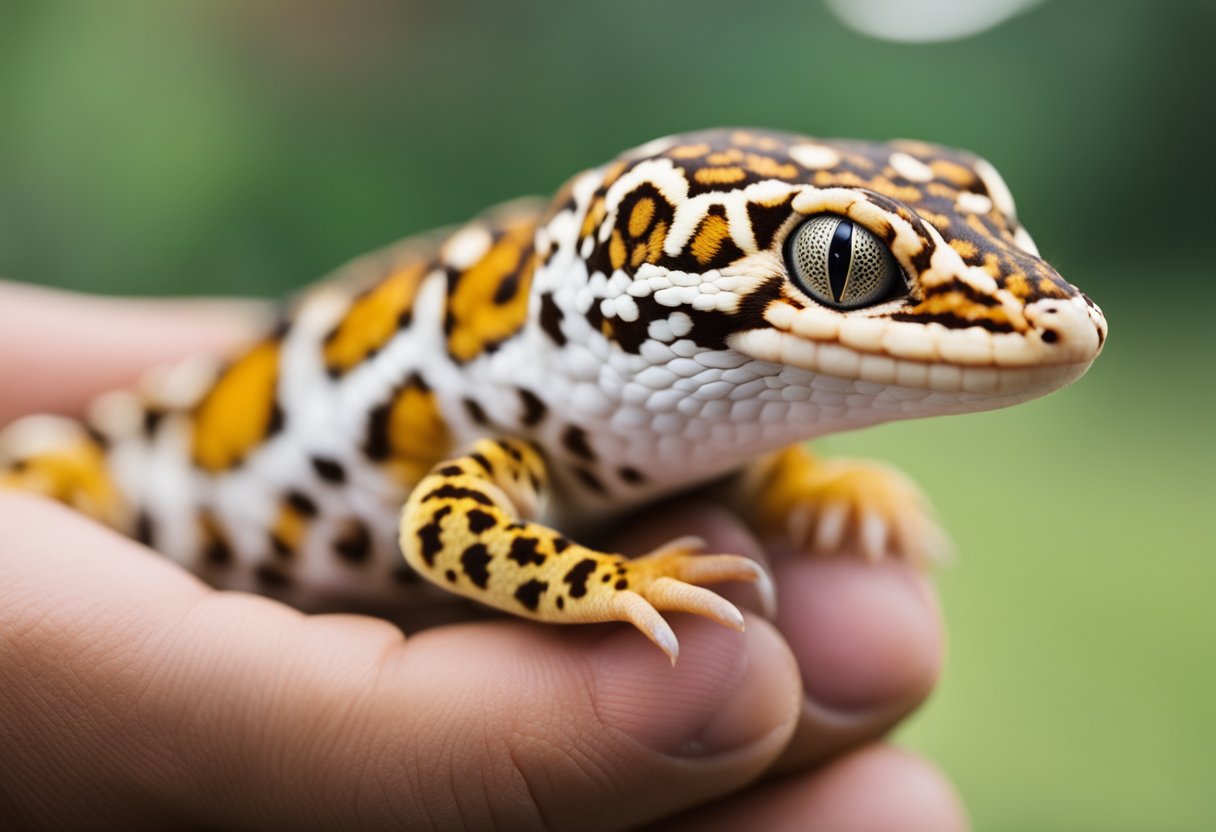 A leopard gecko being gently picked up and held with care, showing proper handling techniques