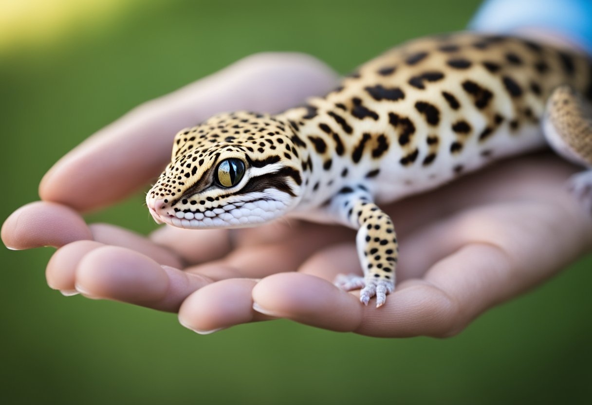 A leopard gecko eagerly eats from a hand, while other treats are scattered nearby. The gecko's body language shows trust and comfort