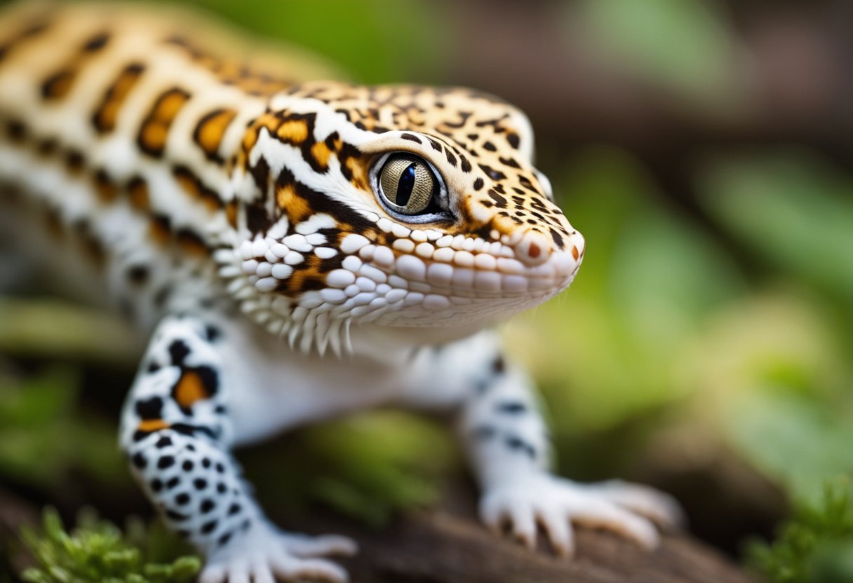 A leopard gecko sits in a calm, quiet environment, with hiding spots and climbing structures. Its owner approaches slowly, offering treats and speaking softly. Gradually, the gecko becomes more comfortable and begins to interact with the owner