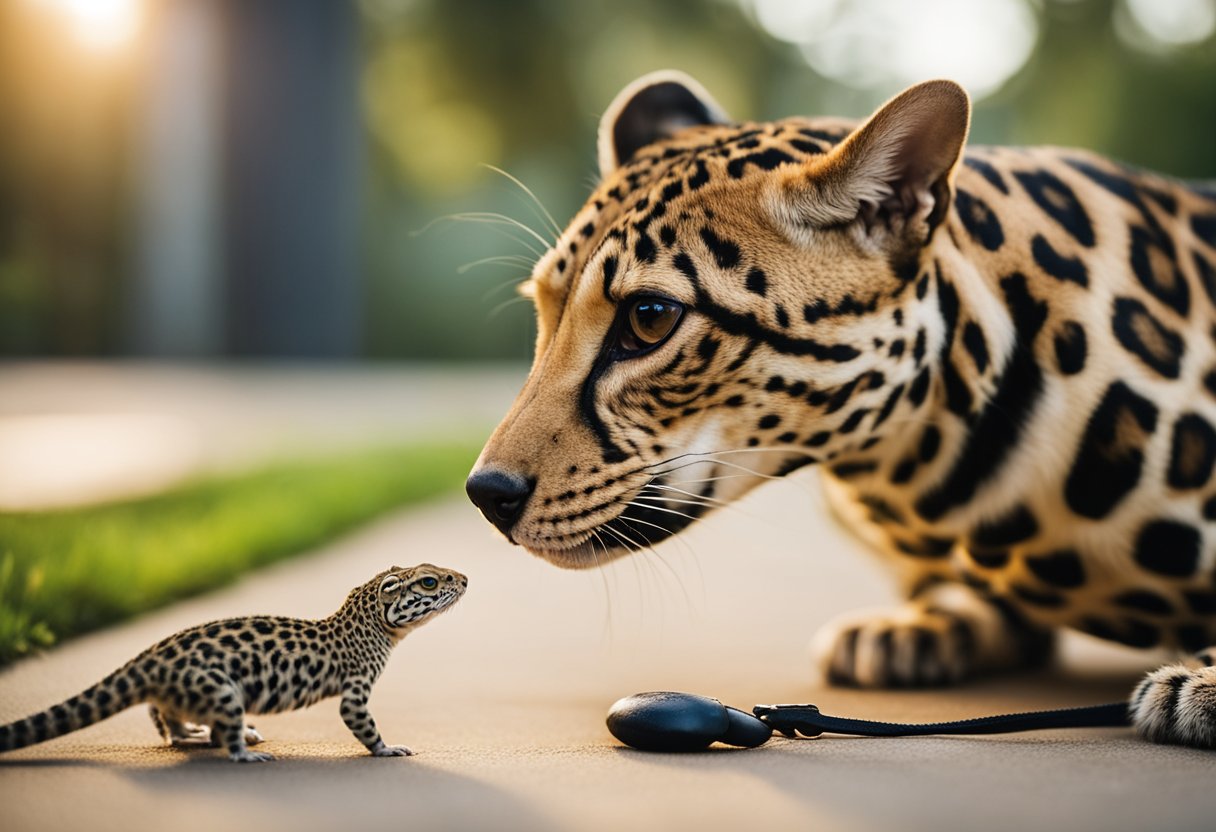 A dog and a leopard gecko are introduced in a calm, controlled environment. The dog is on a leash, and the gecko is in a secure enclosure. The dog is curious but not aggressive, and the gecko remains undisturbed