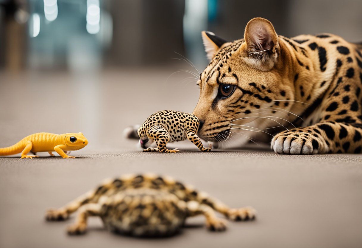 A dog and a leopard gecko in a neutral, spacious area with separate enclosures, toys, and treats for positive reinforcement