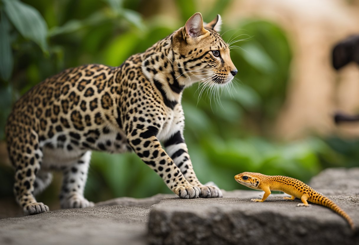 A dog and a leopard gecko are in a calm and controlled environment. The dog is on a leash and the gecko is in its enclosure. The dog is curious but not aggressive, and the gecko is undisturbed