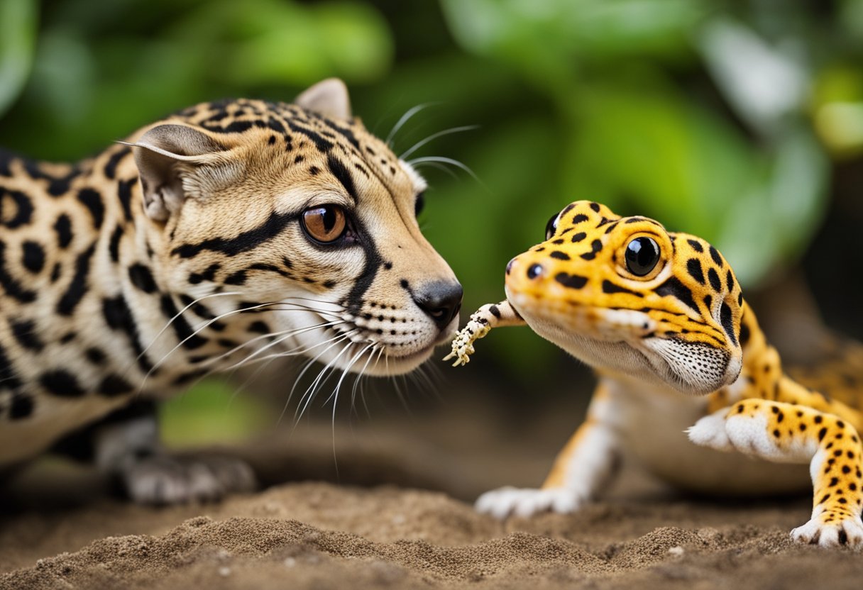 A dog cautiously sniffs a curious leopard gecko in a controlled environment. The gecko remains still as the dog investigates, following the tips for a safe introduction