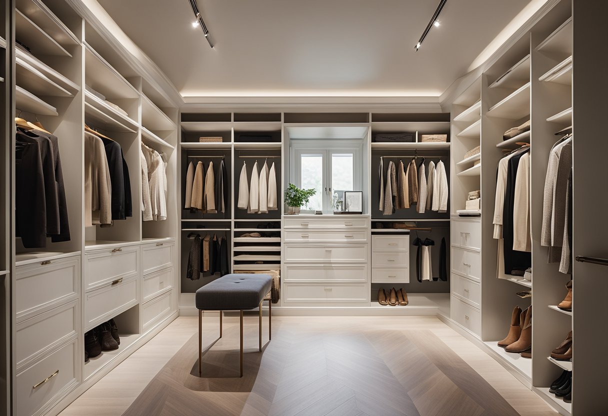 A serene, minimalist closet filled with high-quality, timeless pieces. Neutral colors, clean lines, and luxurious textures create a sense of understated elegance