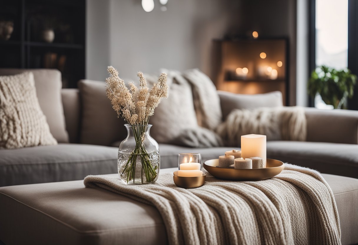 A cozy living room with soft, neutral-toned furniture, warm lighting, and a few carefully chosen high-quality decorative items, such as a cashmere throw and a handmade ceramic vase