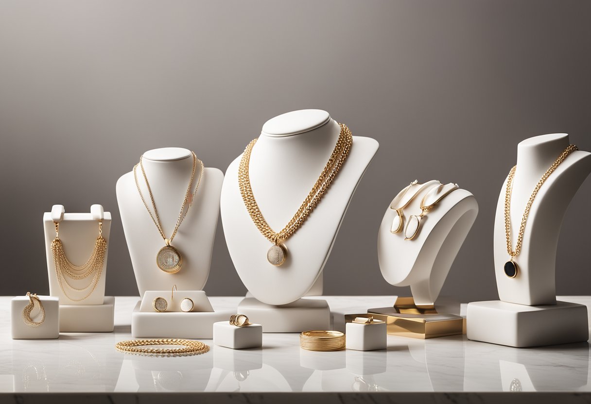 A sleek, minimalist jewelry display with dainty necklaces, delicate bracelets, and elegant earrings arranged on a marble tabletop with soft, natural lighting