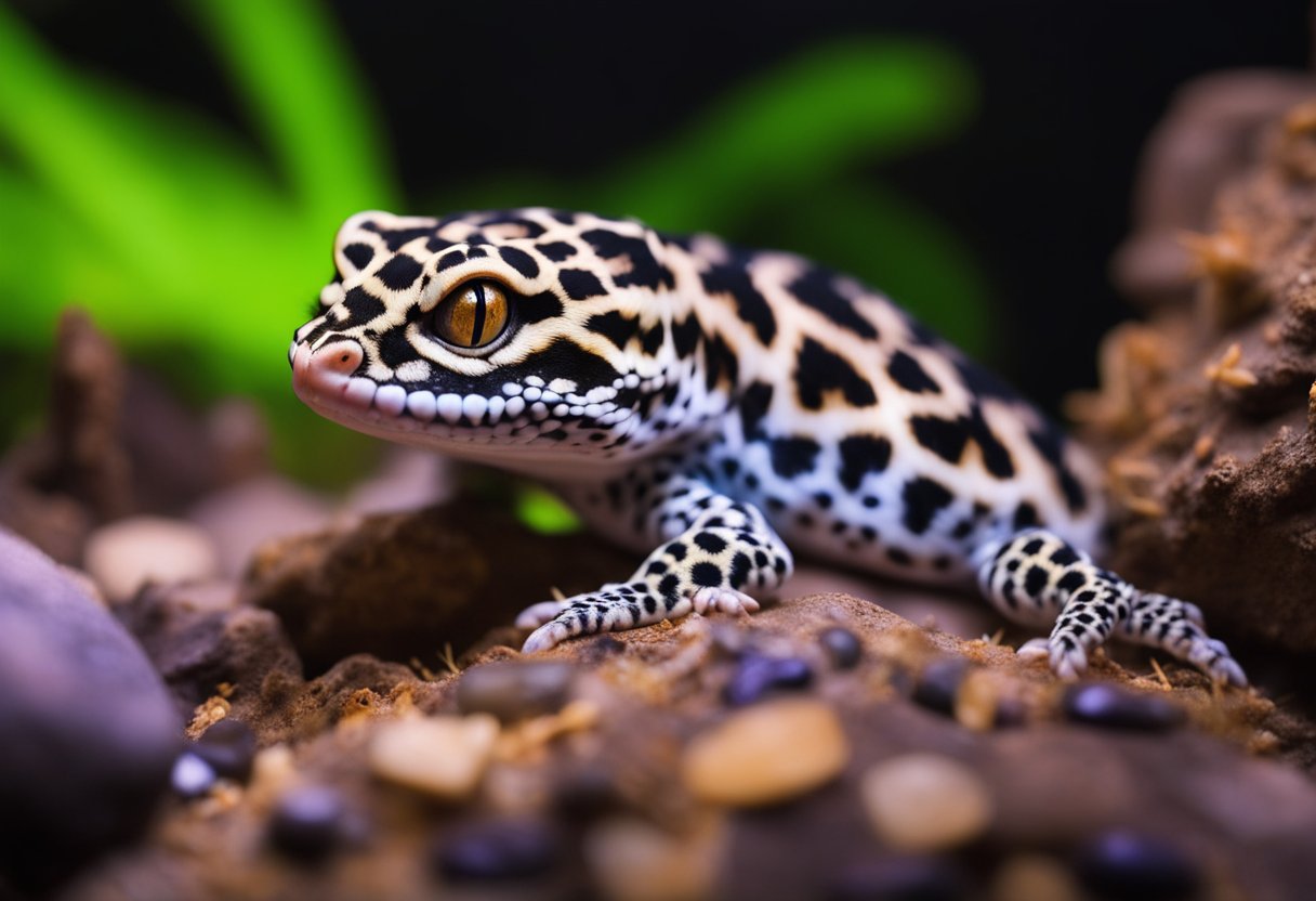 A leopard gecko lounges on a warm rock under a UV light. A shallow dish of water and a variety of live insects are nearby. The gecko's terrarium is filled with hiding spots and climbing branches