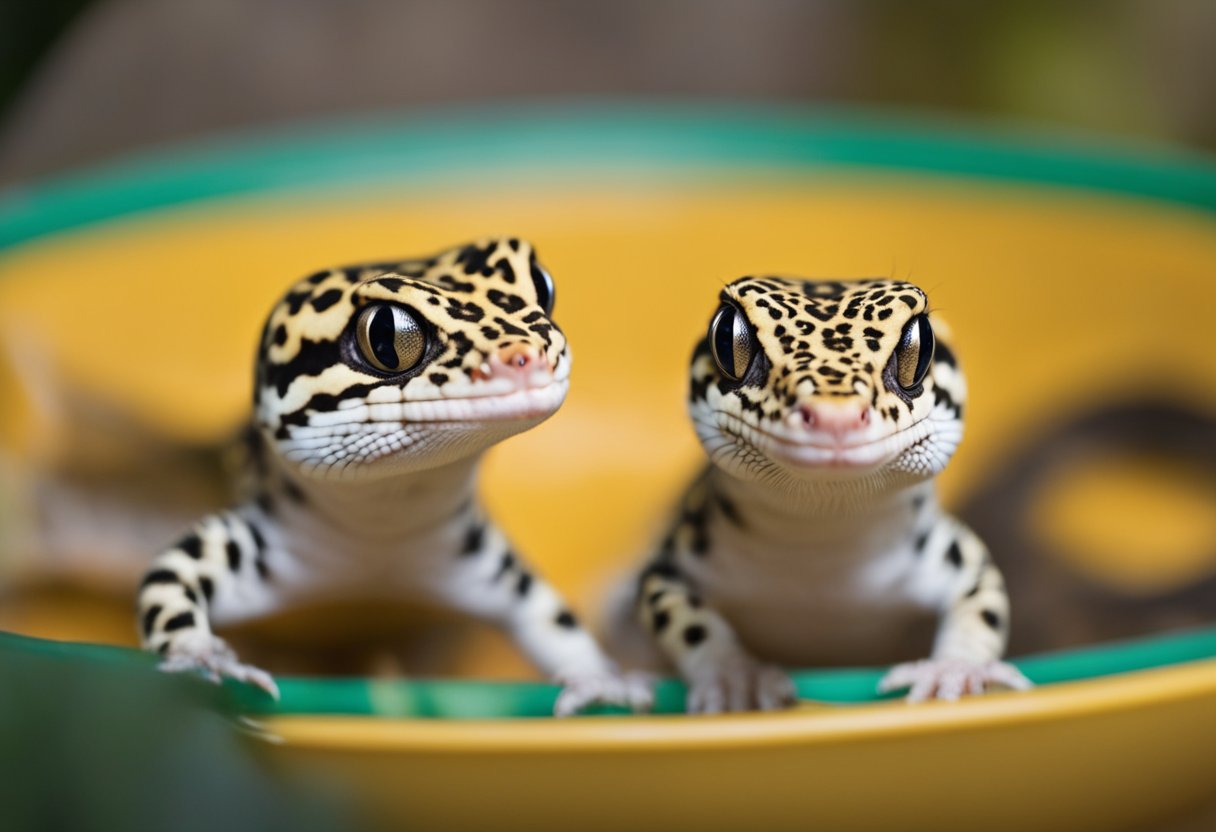 A leopard gecko eating from a shallow dish, its tongue flicking out to catch a mealworm. The gecko's eyes are alert and its body is relaxed, showing signs of contentment